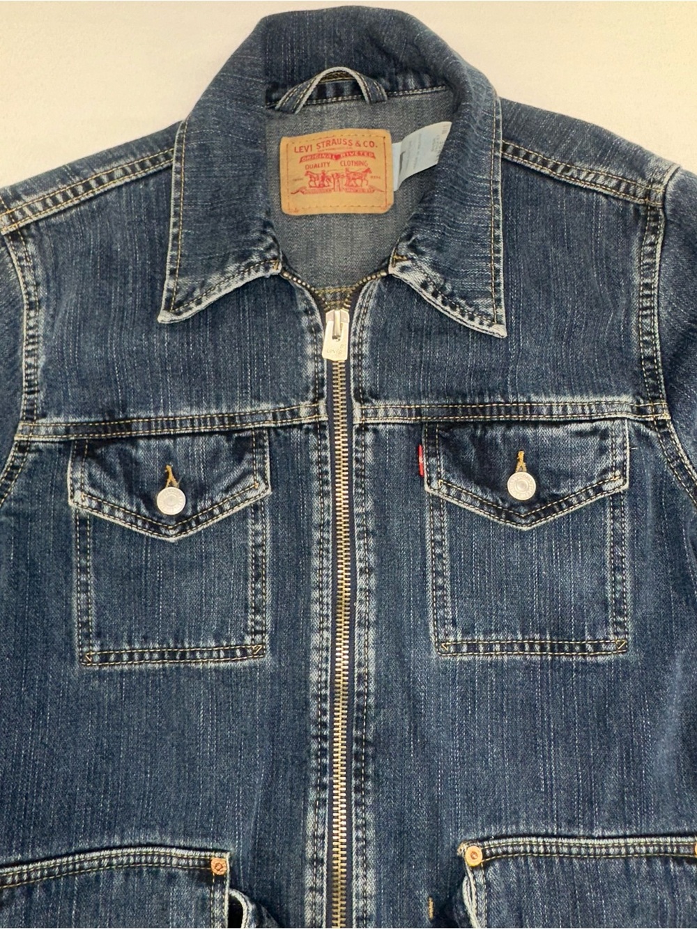 Vintage Y2K Levis Bush Jacket Full Zip Denim Jean Belted Chore Jacket Size Large - Picture 3 of 14